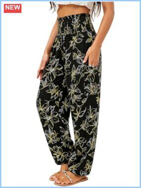 High Waist Harem Pants with Pockets, Women's Boho Yoga Palazzo Trousers